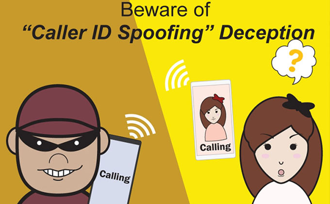 A drawing of two people warning of caller ID spoofing.