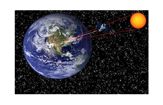 A depiction of a satellite between the earth and sun which may disrupt cable service temporarily.