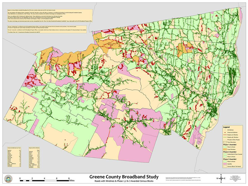 A map featuring Greene County broadband funding to extend high speed internet.