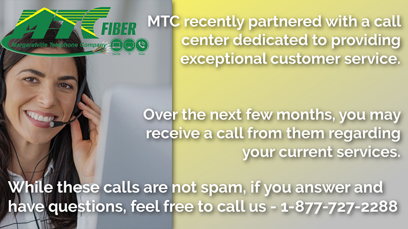 Notice explaining that MTC has partnered with a customer service call center and that upcoming calls are not spam.
